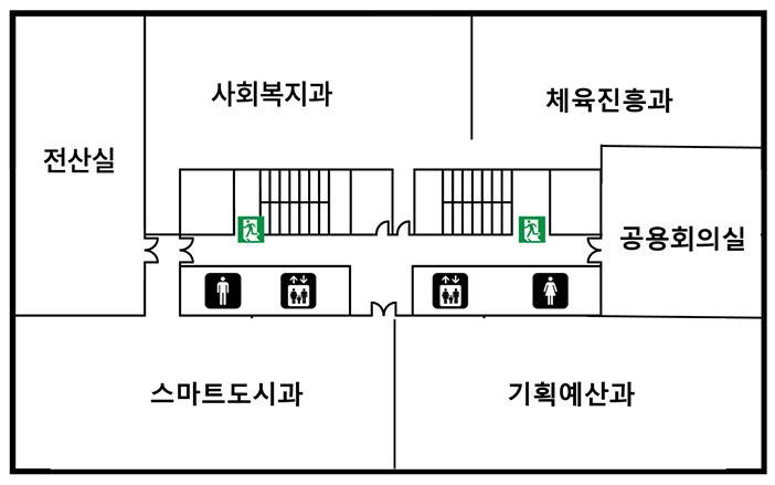 6층 단면도(전산실, 사회복지과, 체육진흥과, 공용회의실, 기획예산과, 스마트도시과(정보통신), 남녀화장실, 엘리베이터 2대, 비상구 2개)